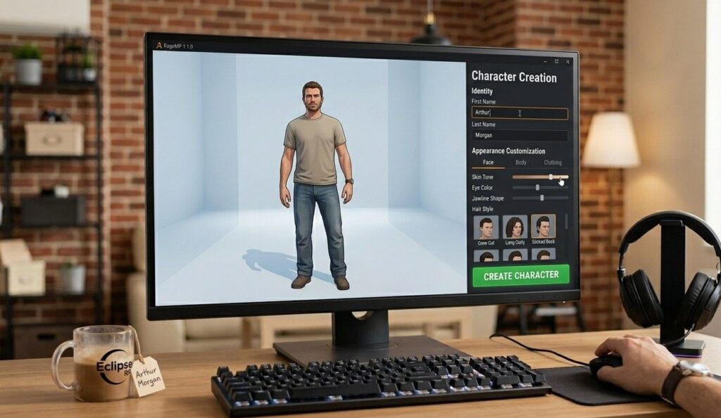 Eclipse RP in-game character creation screen showing name and appearance customization options