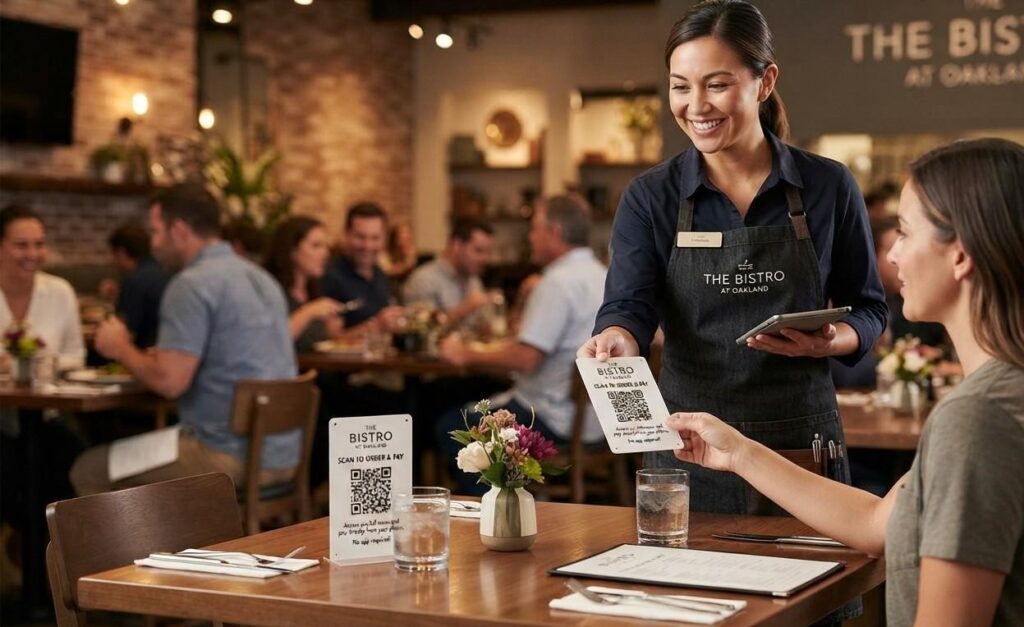 Server handing a guest a QR code table card for direct online ordering