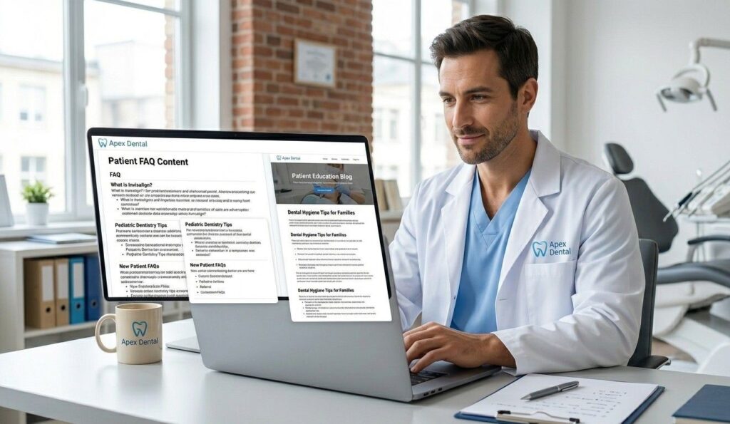 Dentist reviewing patient FAQ content on a laptop, representing practice blog strategy and patient education