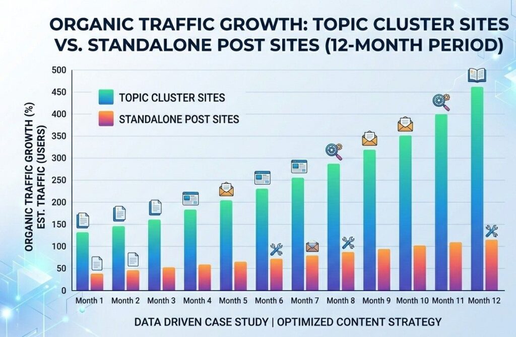 Bar chart comparing organic traffic growth for topic cluster sites versus standalone post sites over a 12-month period
