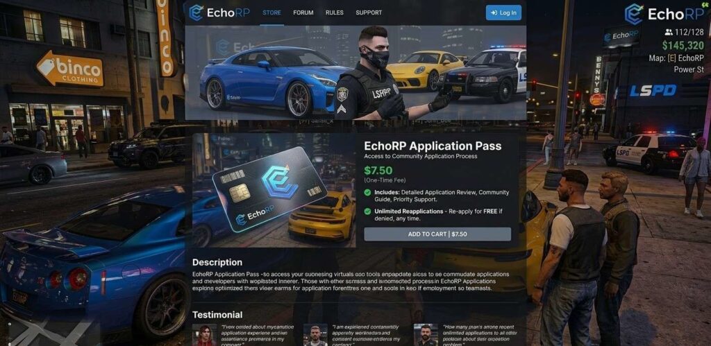 EchoRP Application Pass purchase page on store.echorp.net showing the $7.50 one-time fee and unlimited reapplication policy
