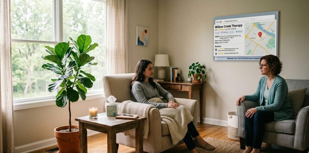 Screenshot of a Google Business Profile for a therapy practice showing reviews and map pin location