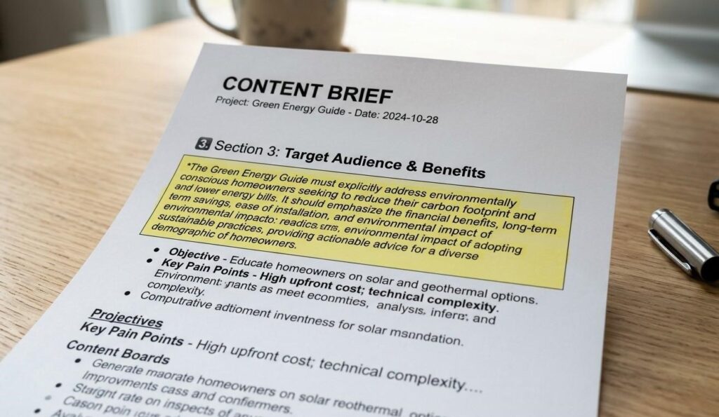 Close-up of a content brief with a highlighted 40 to 60 word answer block at the top of a section