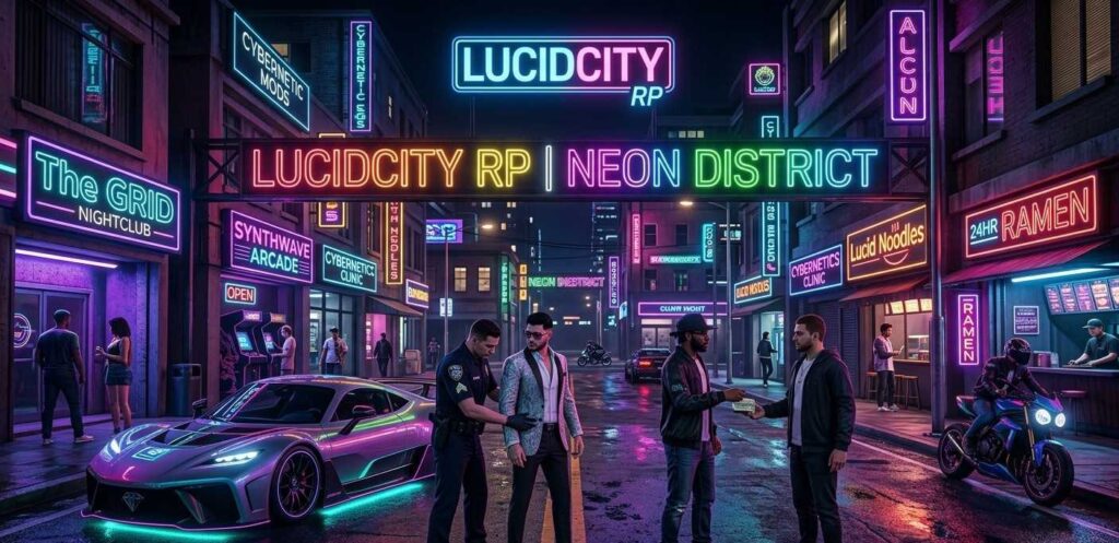 LucidCity RP custom neon district street scene with player characters in roleplay