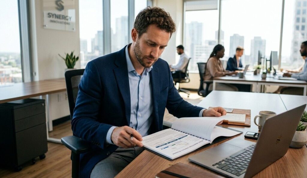 Founder reviewing a 90-day marketing strategy roadmap document at a desk