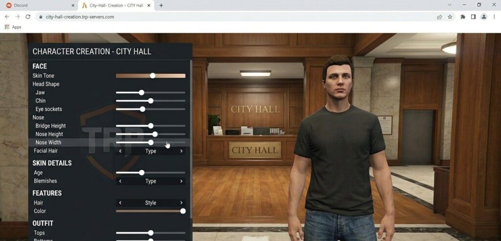 Character creation screen at City Hall with FreeMode skin customization sliders visible