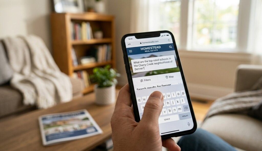 Homebuyer typing a specific neighborhood question into a search bar on a phone