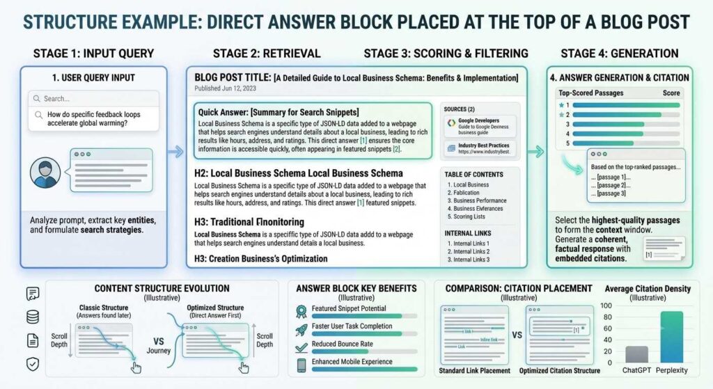 Content structure example showing a direct answer block placed at the top of a blog post