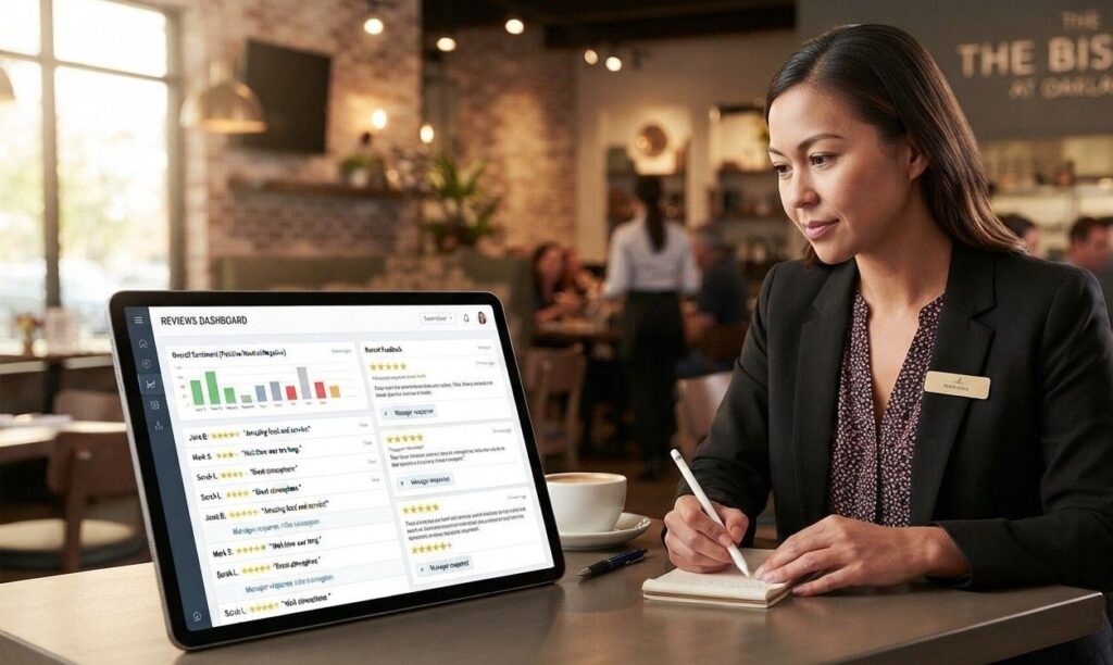 Restaurant manager reviewing a dashboard of incoming customer reviews on a tablet