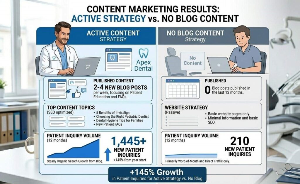 Comparison table showing dental practice with active content strategy versus one with no published blog content and respective patient inquiry volumes