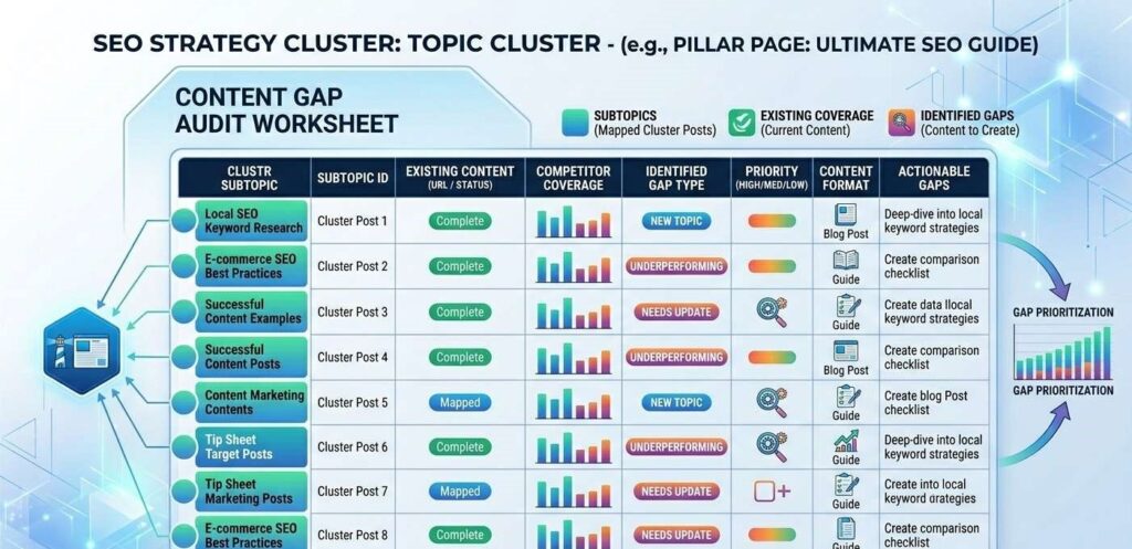 Content gap audit worksheet showing mapped subtopics, existing coverage and identified gaps for an SEO strategy cluster