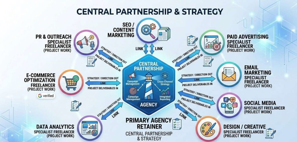 Diagram showing a hybrid marketing structure with a primary agency retainer at the center connected to specialist freelancers for project work