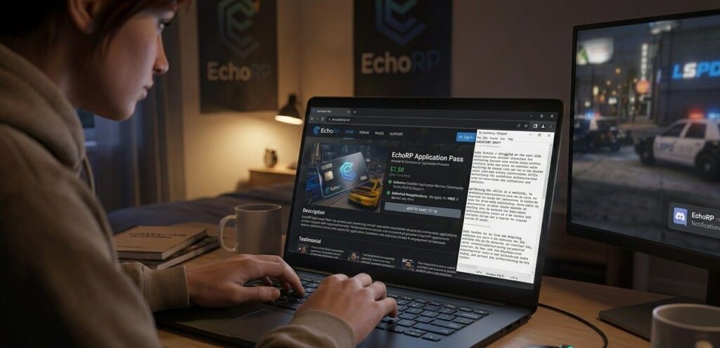 Player writing a GTA RP character backstory on a laptop preparing an EchoRP whitelist application submission