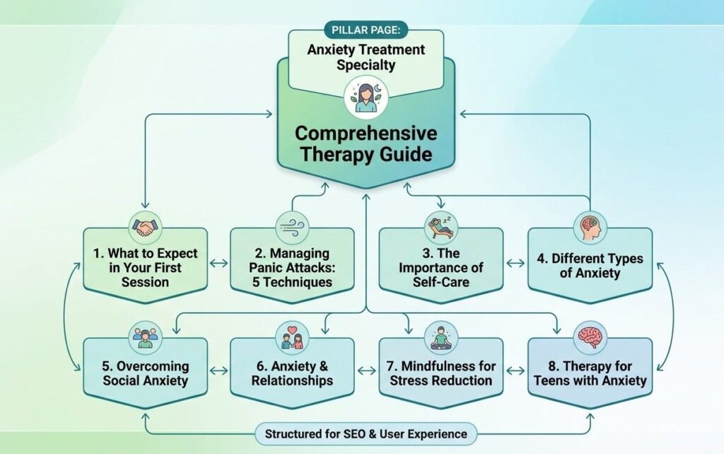Diagram showing a therapy specialty content cluster with a pillar page and supporting blog posts