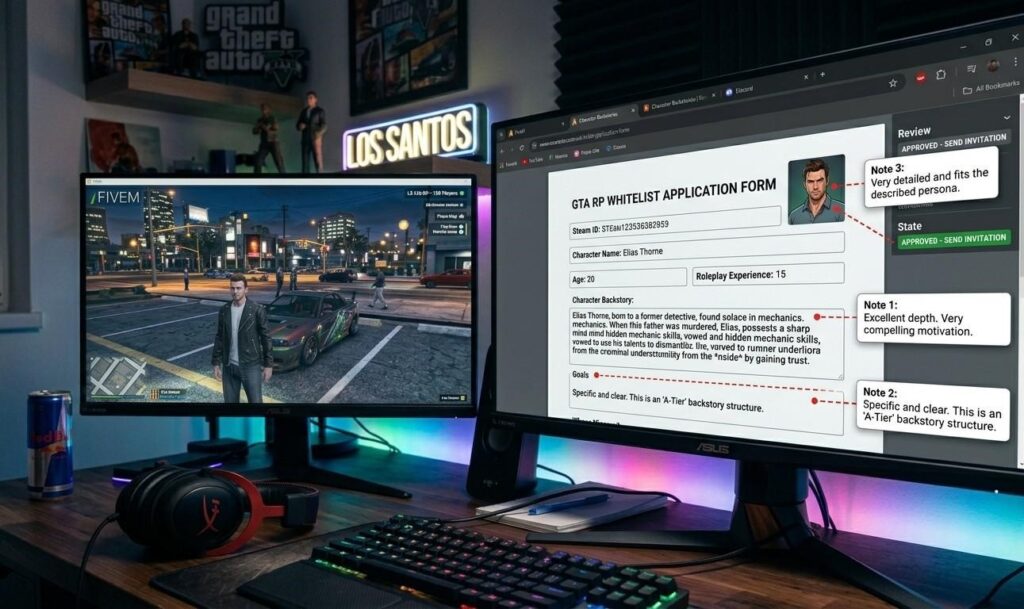 GTA RP whitelist application form displayed on a desktop with reviewer notes visible