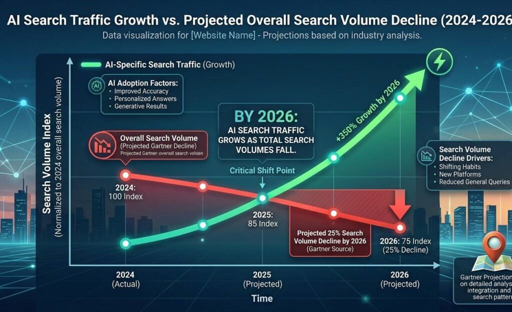 Data visualization of AI search traffic growth from 2024 to 2026 with Gartner 25% search volume decline projection overlaid