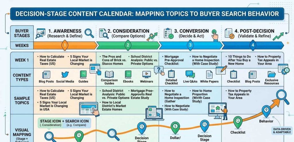 Real estate content calendar showing decision stage topics mapped to buyer search behavior
