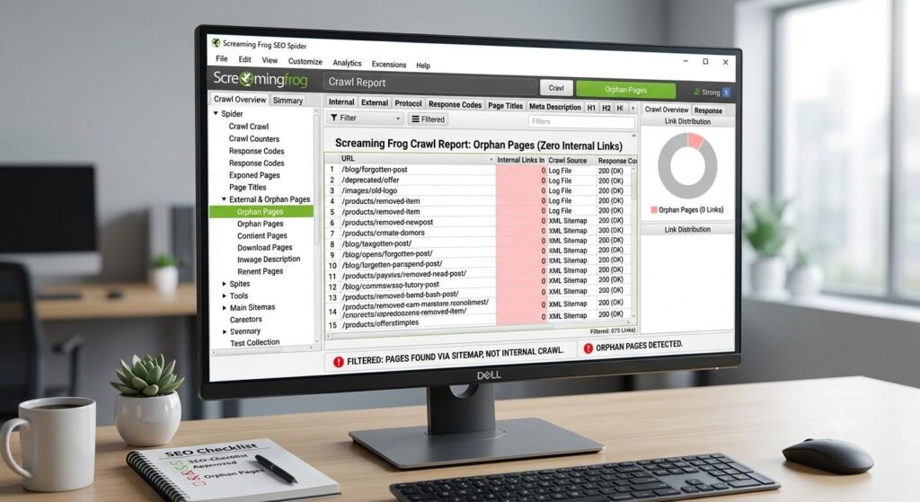 Screaming Frog crawl report highlighting orphan pages with zero internal links