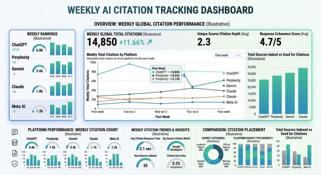 Dashboard screenshot showing weekly AI citation tracking across multiple platforms