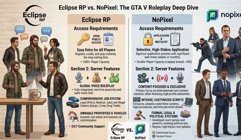 Side-by-side comparison graphic of Eclipse RP versus NoPixel showing access requirements and server features