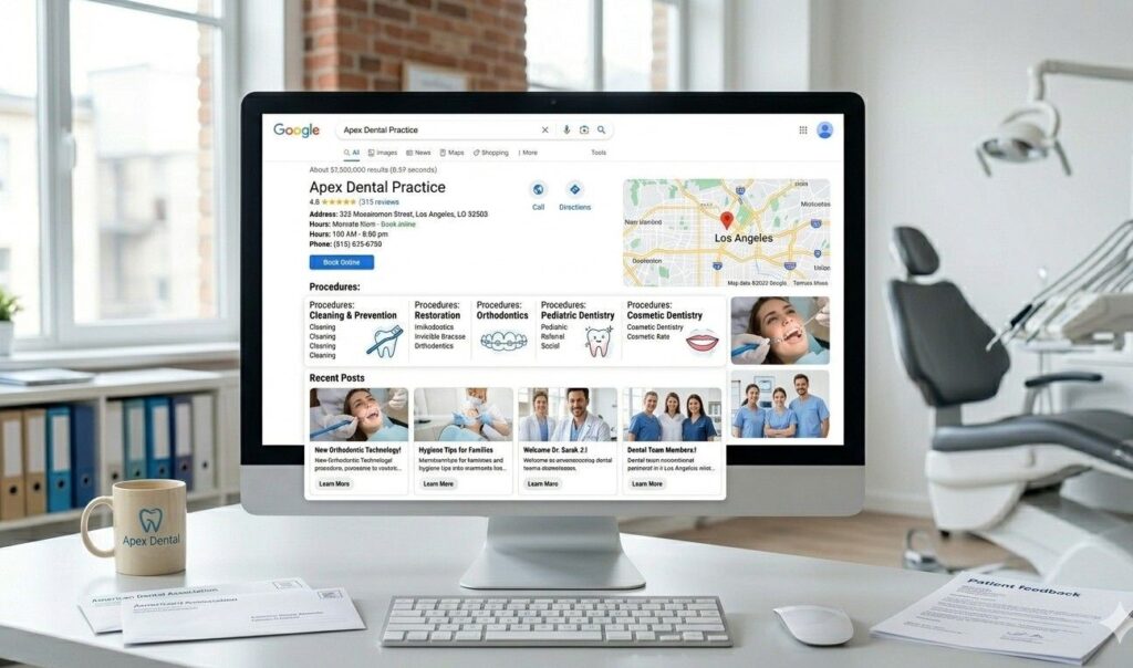 Google Business Profile listing for a dental practice showing recent posts, 4.8-star reviews and procedure categories filled out