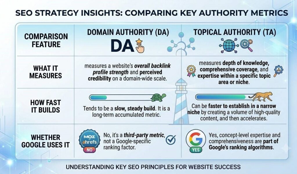 Side-by-side comparison table of domain authority versus topical authority showing what each measures, how fast it builds and whether Google uses it