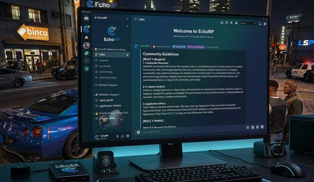 EchoRP Discord server interface showing the rules channel and application support channel structure