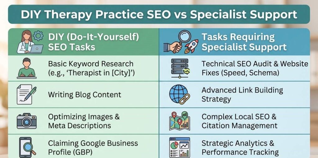 Side-by-side comparison table of DIY therapy practice SEO tasks versus tasks requiring specialist support