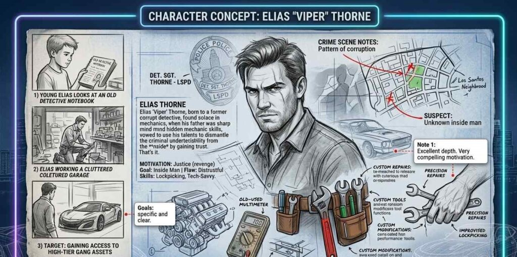 Character concept sketch for a FiveM roleplay server showing backstory elements