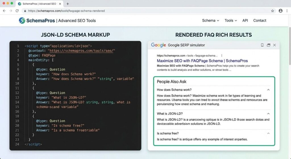 Screenshot mockup of FAQPage schema markup displayed alongside its rendered question and answer pairs