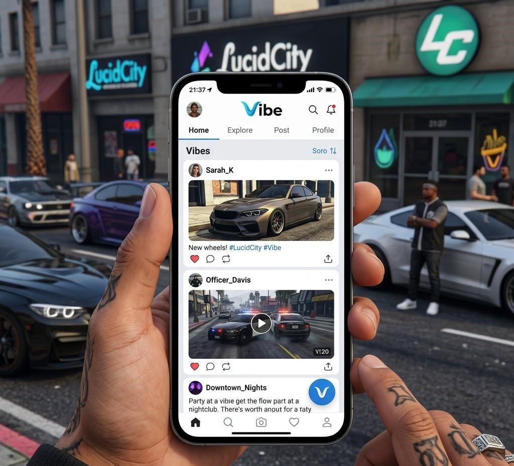 LucidCity RP in-game phone showing the Vibe social media app interface