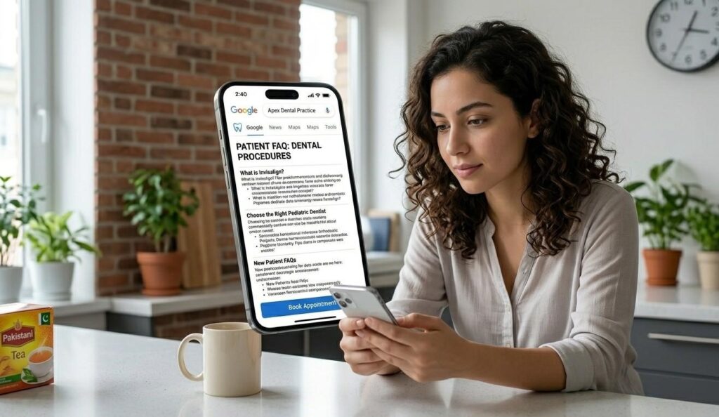 Patient on a phone reading a dental procedure FAQ page before booking an appointment, representing the patient research journey