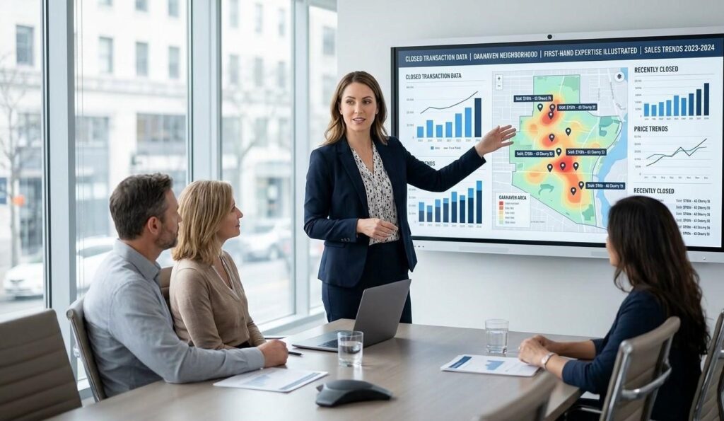 Agent presenting closed transaction data to illustrate first hand neighborhood expertise