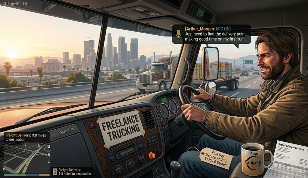 Eclipse RP player at a freelance trucking job delivering cargo as a first-day income activity