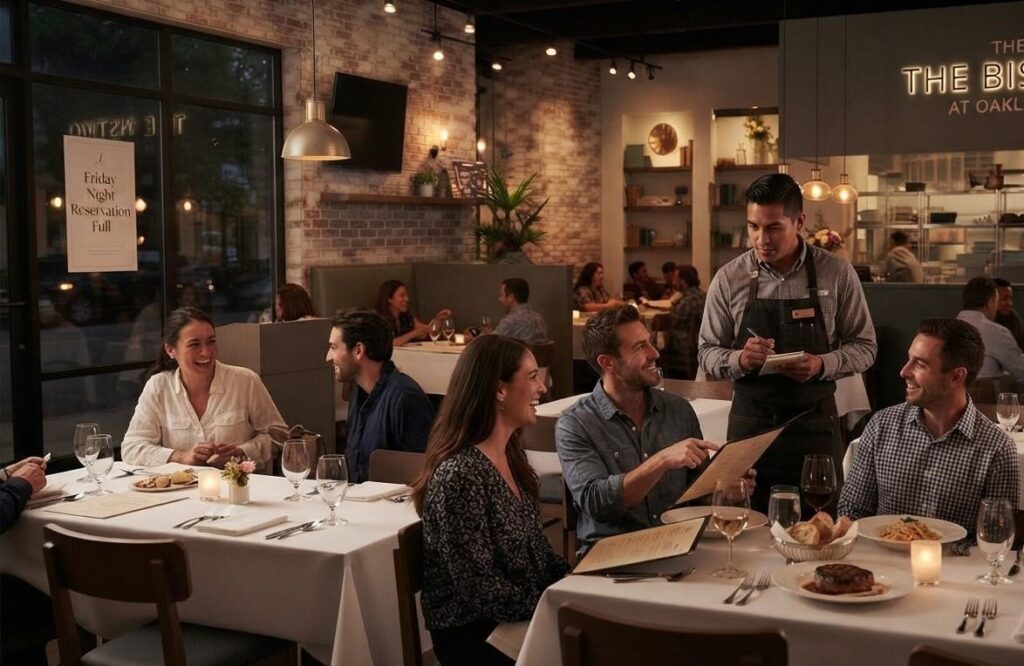 Full restaurant dining room on a Friday night with a server taking an order