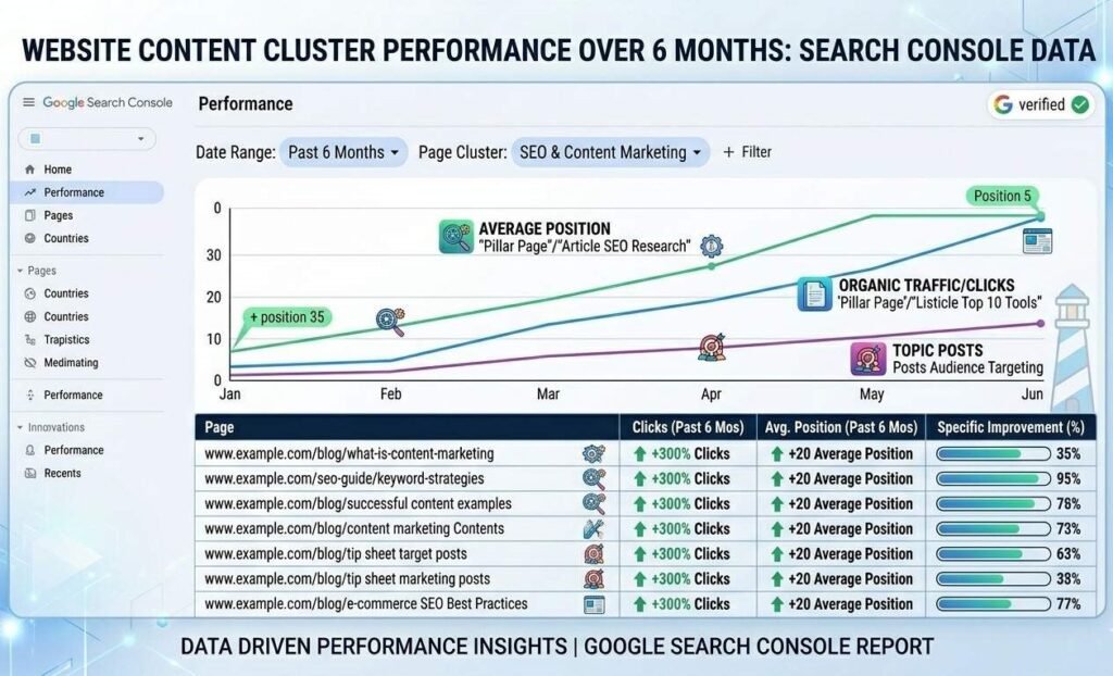Screenshot of a website content cluster in Google Search Console showing ranking improvements across cluster pages over six months