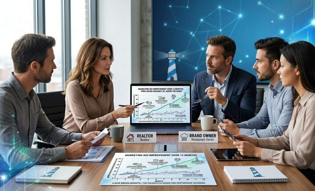 Realtor or restaurant owner in a strategy meeting with a marketing agency team reviewing multi-channel campaign performance data