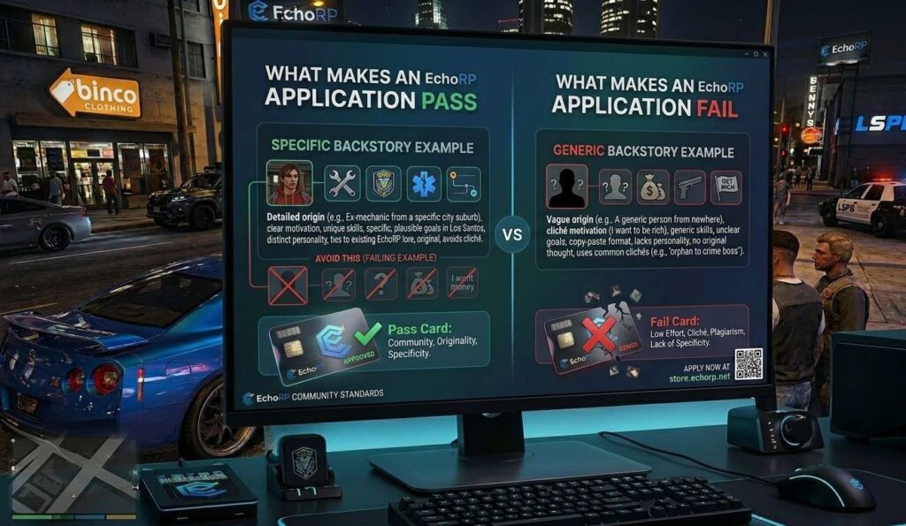 Comparison graphic showing what makes an EchoRP application pass versus fail, with generic backstory versus specific backstory examples side by side