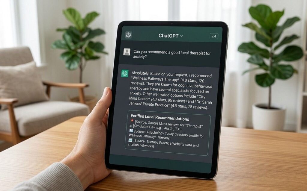 Example of a ChatGPT response recommending a local therapist, illustrating AI search citation for private practices