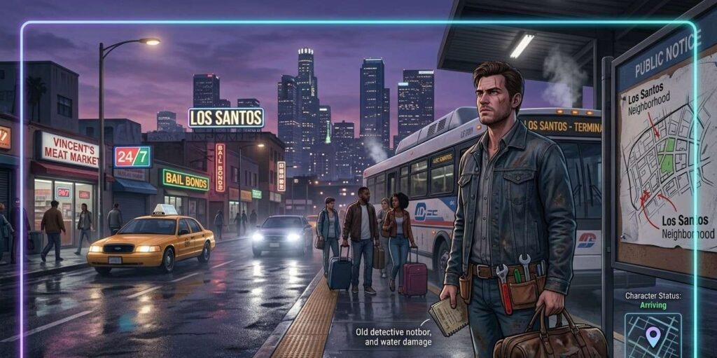 GTA RP player in a city scene representing a character arriving in Los Santos for the first time