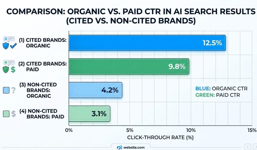 Bar chart comparing organic and paid click-through rates for cited versus non-cited brands in AI search results