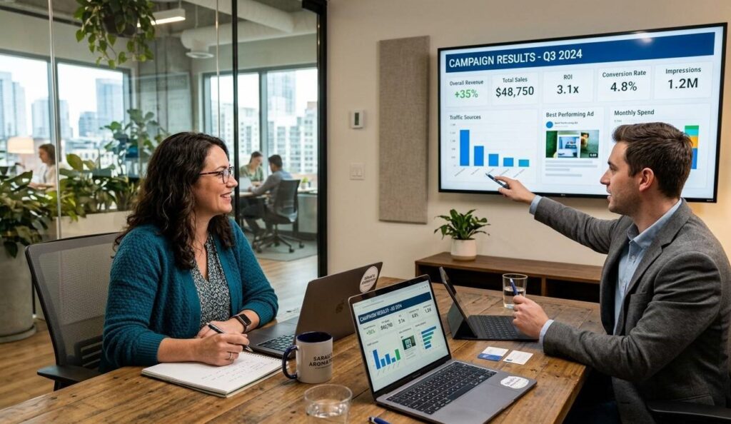 Small business owner in a meeting with an account strategist discussing campaign results