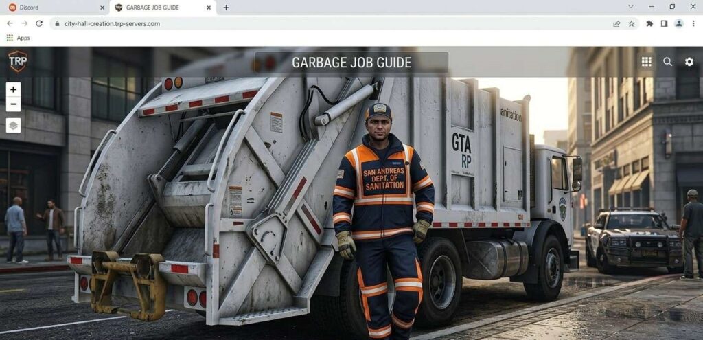 GTA RP character wearing a Garbage Collector uniform standing beside a collection truck