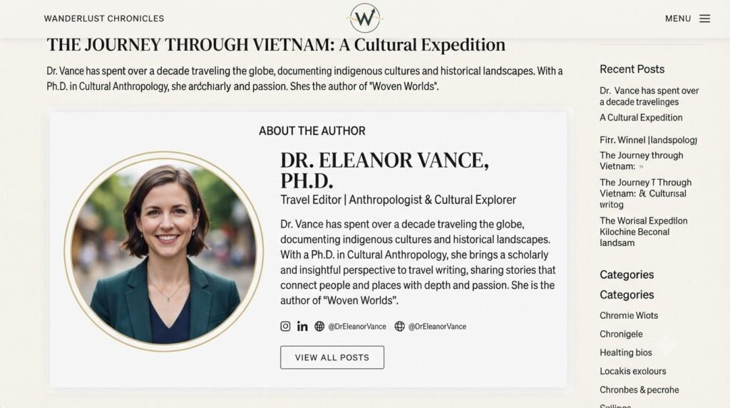 Author bio section on a blog post showing name, credentials and photo