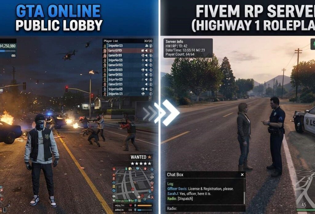 Split screen comparison of a GTA Online public lobby and a FiveM roleplay server interface