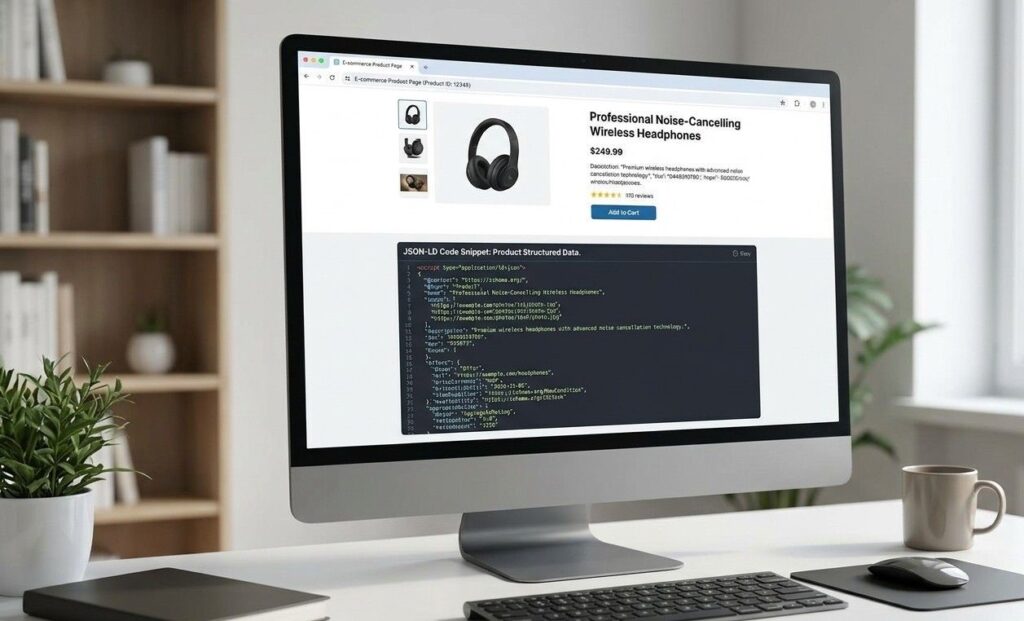 1. Product page showing complete structured data fields in a JSON-LD code snippet