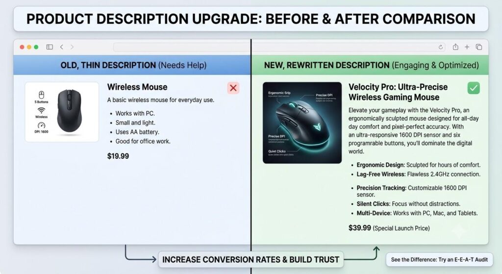Side-by-side comparison of a thin product description and a rewritten version