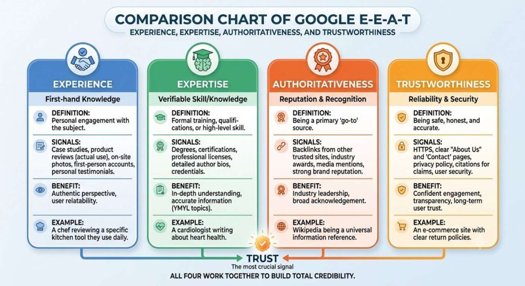 Comparison chart of Experience, Expertise, Authoritativeness and Trust