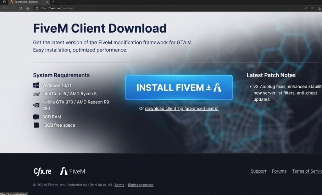 FiveM client download page showing the install button on the official site