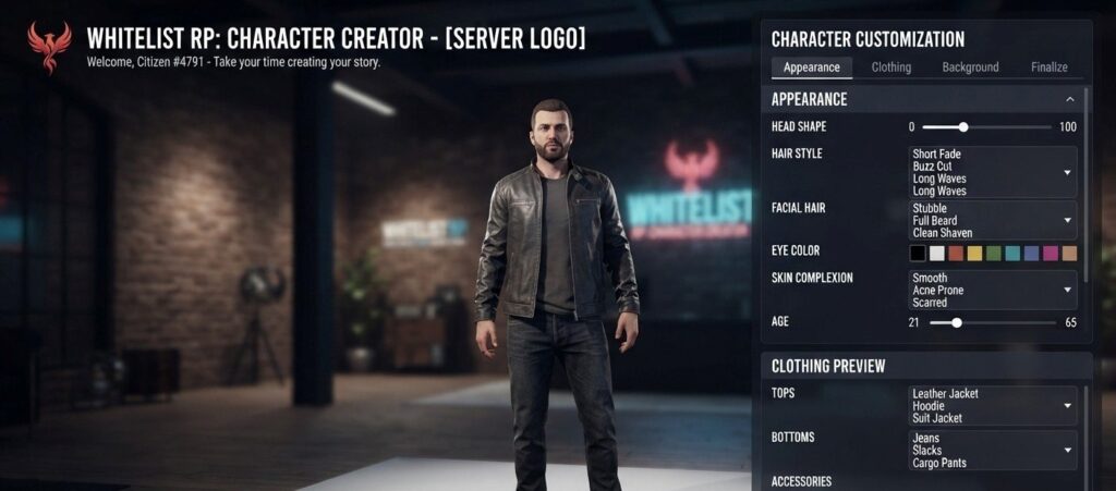 Character customization screen inside a whitelisted FiveM roleplay server